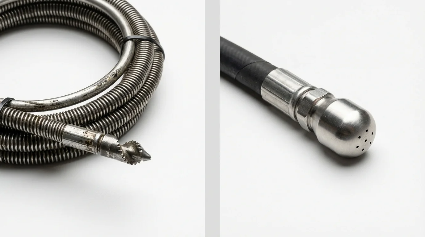 Drain snake cable and hydro jetting nozzle used for drain cleaning in Hawthorne, NJ