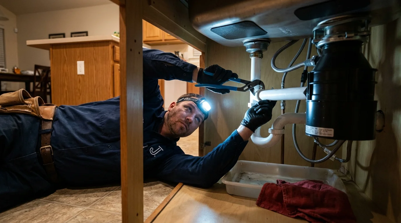 P-trap and supply line connections under a kitchen sink showing a common leak point in Hawthorne, NJ